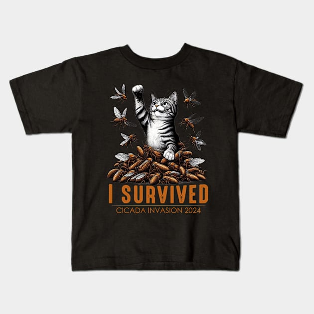 Funny Cat Survived Cicadas Insect Invasion 2024 Kids T-Shirt by GreenCraft